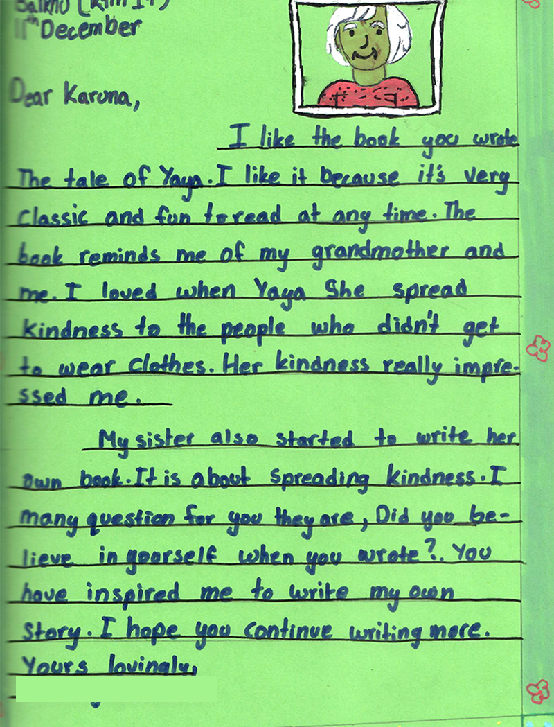 Letter to Karuna from a student who read her illustrated children's books