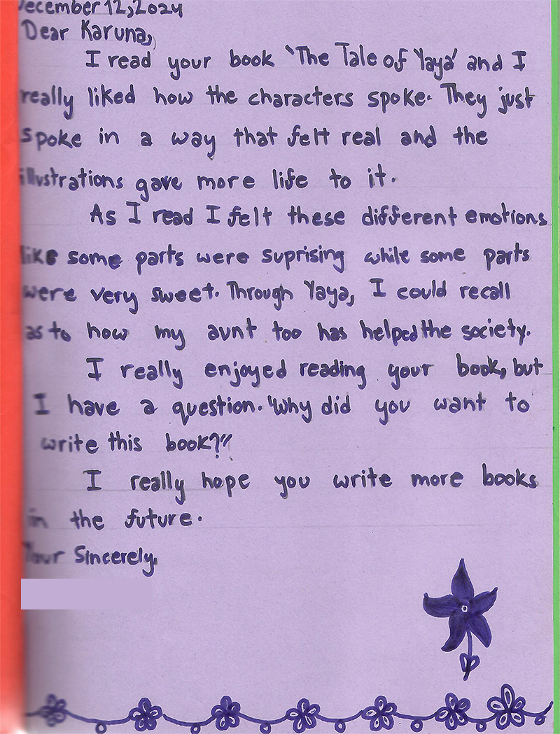 Letter to Karuna from a student who read her illustrated children's books