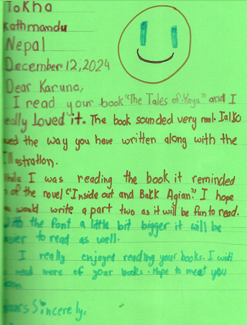 Letter to Karuna from a student who read her illustrated children's books